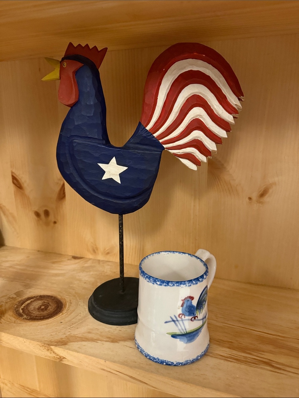 Patriotic Blue and Red Rooster 14” tall Wooden Accent and mug USA